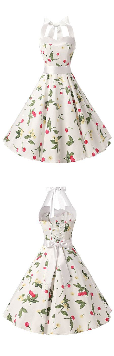 50s Vintage Style Halter White Floral Print Swing Party Dress Vintage Dresses Retro Dress