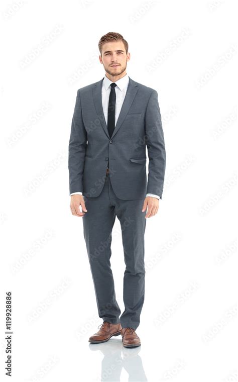 Happy Business Man Wearing Grey Suit Standing And Folding Arms Stock