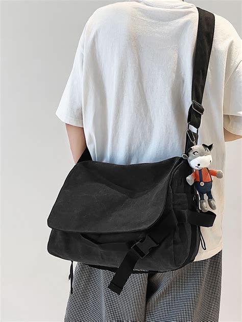 Black Collar Nylon Plain Messenger Bag Embellished Men Bags Messenger