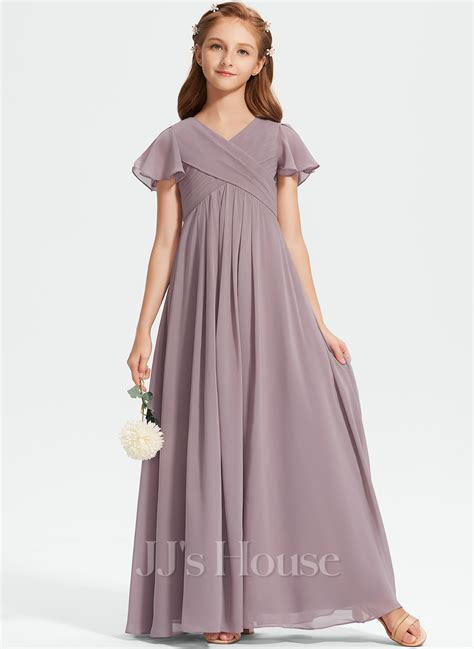 A Line V Neck Floor Length Chiffon Junior Bridesmaid Dress With Ruffle