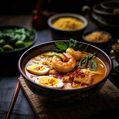 Penang Assam Laksa Malaysia Food Top View Rustic Style Background Copy Space Generative Ai