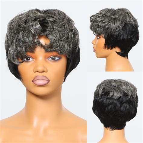 Salt And Pepper Half Black Of Back Edgy Pixie Cuts Wig With Natural Wa