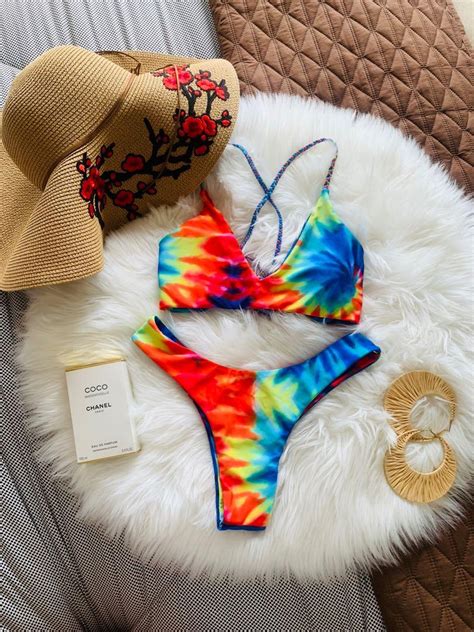 Tie Dye Braided Criss Cross Bikini Set Womens Fashion Swimwear