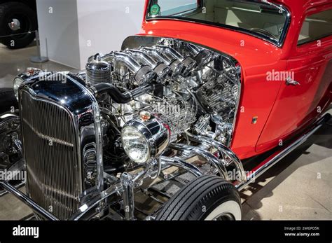 Big Chrome Engine Of A Red Ford Hot Rod Stock Photo Alamy