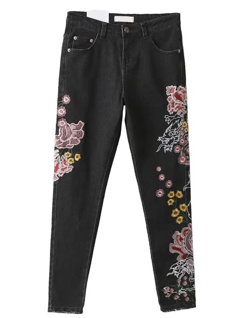 Black Flower Embroidery Skinny Jeans Shein Sheinside