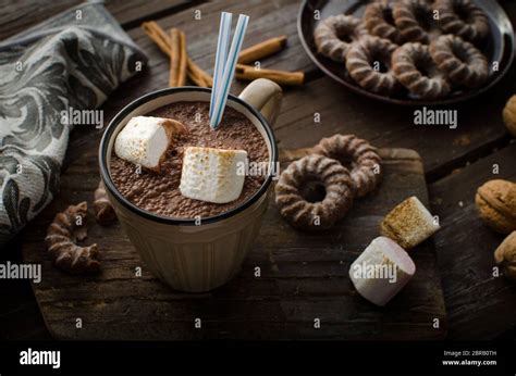 Homemade Dark Hot Chocolate With Marshmallows Food Photography Stock