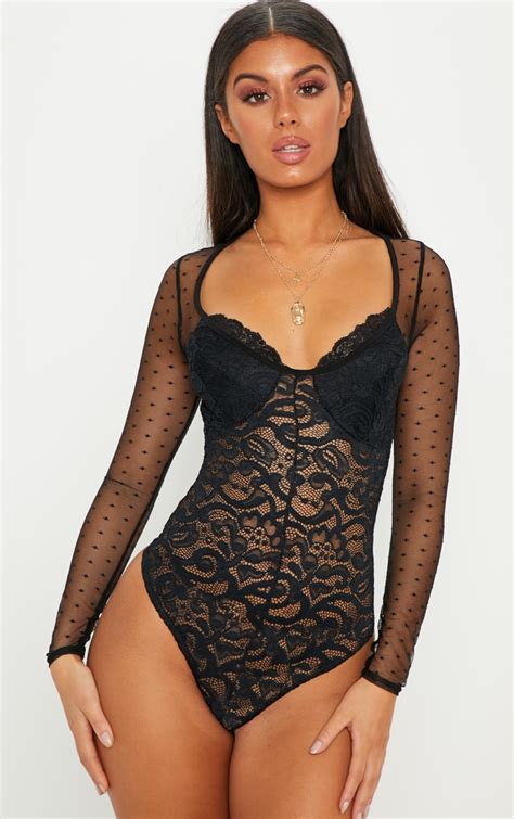 Black Long Sleeve Lace Mesh Bodysuit Tops Prettylittlething Usa