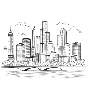 Chicago Cityscape Skyline Outline Doodle Drawing, Chicago, Skyline ...