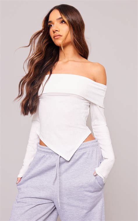 White Bardot Ribbed Asymmetric Hem Top Tops Prettylittlething Usa