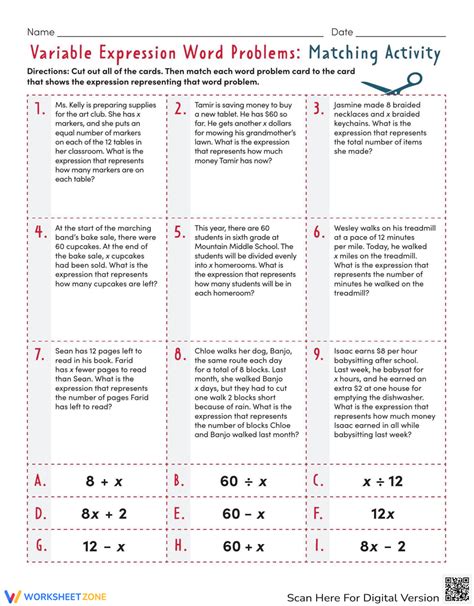 Variable Expression Word Problems Matching Activity Worksheet