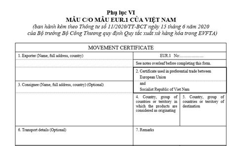 CO form EUR 1 trong EVFTA là gì Mẫu CO form EUR 1 của Việt Nam trong