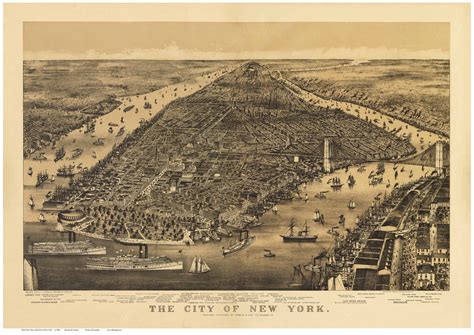 New York City 1889 Birds Eye View Old Map Reprint Old Maps