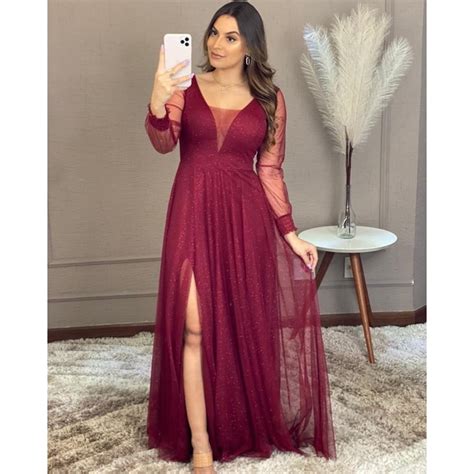 Vestido Madrinha Manga Longa Tule Brilho Casamento Marsala Azul