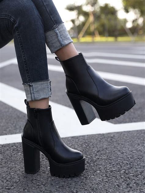 Zipper Side Platform Chunky Heeled Combat Boots High Platform Black