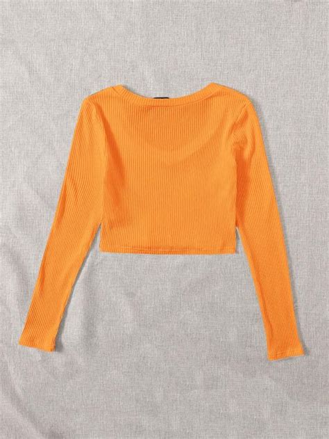 SHEIN EZwear Neon Orange V Neck Rib Knit Crop Top SHEIN EUR