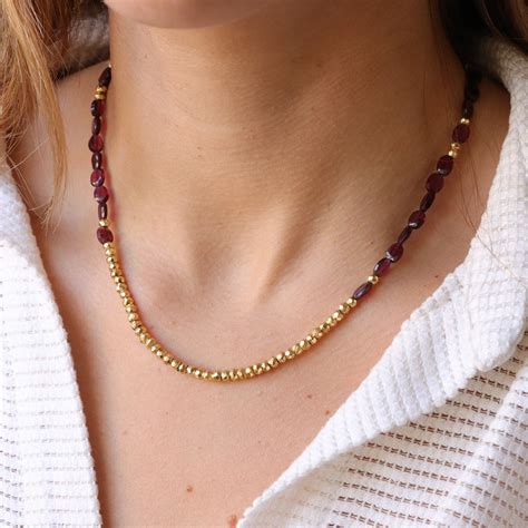 Garnet Beaded Necklace Gold Beaded Necklace Pyrite Beaded Necklace Handmade Jewelry Elegant