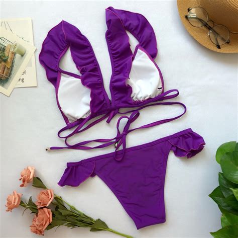 Style Swimwear Solid Colors Flounces Bikini Lace Purple On Luulla