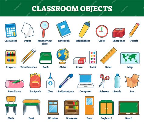 Objetos Na Sala De Aula - Ilustração de objetos de sala de aula. Coleção rotulada para crianças ...