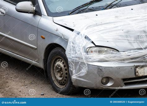 A Crashed Car Taped Damaged Front Bumper Stock Photo Image Of