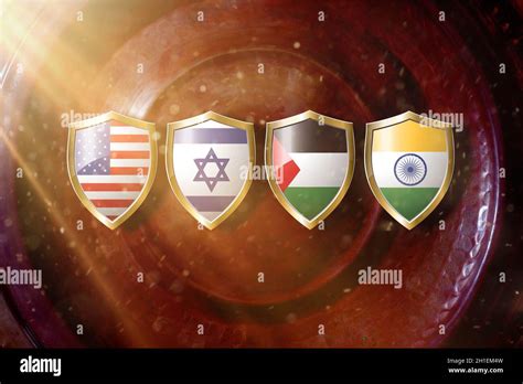 Us Israel United Arab Emirates And India Flag In Golden Shield On Copper Texture Background