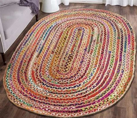 Bohemian Colorful Cotton Area Rugs Hand Braided Round Rugs Multi Color