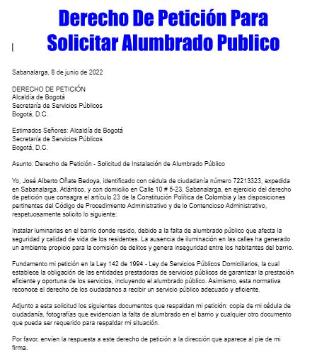 Derecho De Peticion Para Solicitar Alumbrado Publico Tramitaloya Co