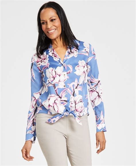 Inc International Concepts Womens Satin Floral Print Tie Front Blouse Created For Macys