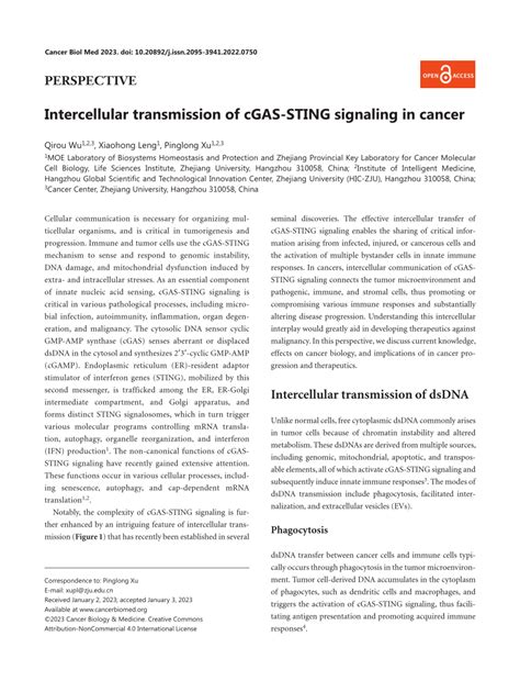 Pdf Intercellular Transmission Of Cgas Sting Signaling In Cancer