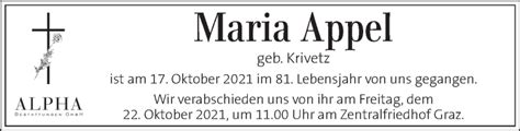 Traueranzeigen Von Maria Appel Trauer Kleinezeitung At