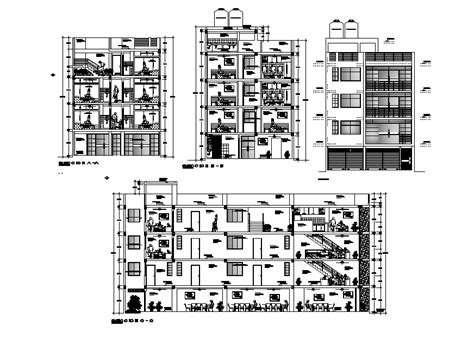 G+3 Storey Hotel Building Section And Front Elevation Design DWG File ...