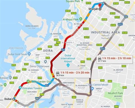 Map Of The Dubai Sharjah Region With Estimated Travel Times Download