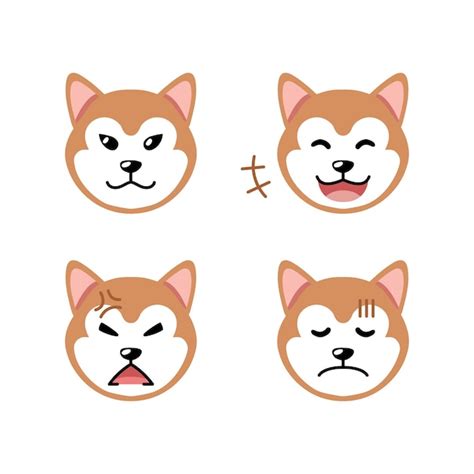 Conjunto De Caras De Perros Akita Inu Con Diferentes Emociones Vector