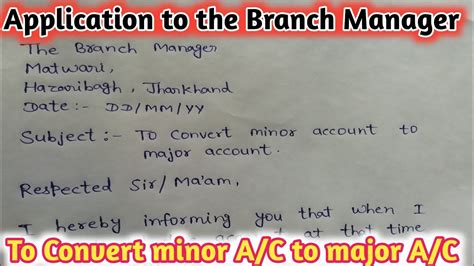 Application To The Branch Manager To Convert Minor Account To Major