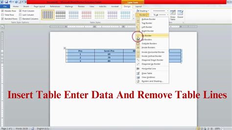 How To Insert Table Enter Data And Remove Table Lines Gridlines Without Removing Text In Ms