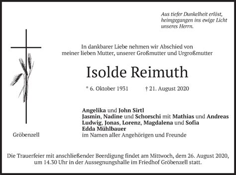 Traueranzeigen Von Isolde Reimuth Trauer Merkur De