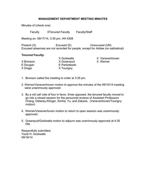 MANAGEMENT DEPARTMENT MEETING MINUTES Minutes of (check one) Faculty