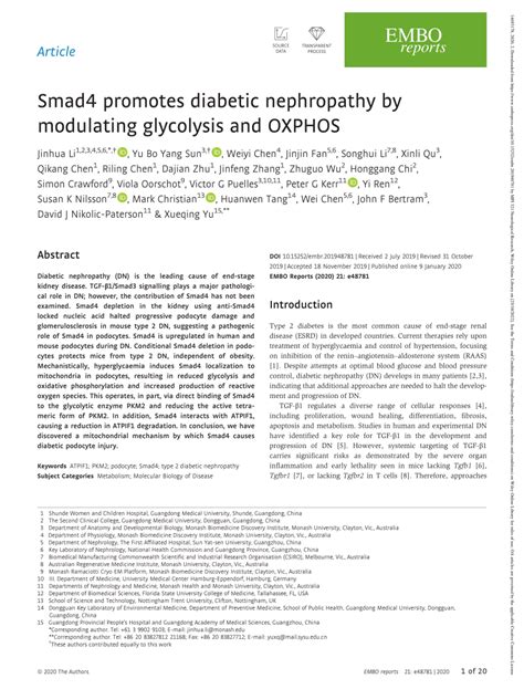 PDF Smad4 Promotes Diabetic Nephropathy By Modulating Glycolysis And