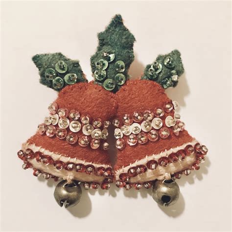 Vintage Handmade Wool Felt Christmas Bells Ornament With Sequins Seed