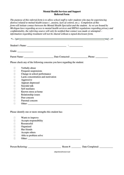 Referral To Mental Health Services Form Printable Printable Forms