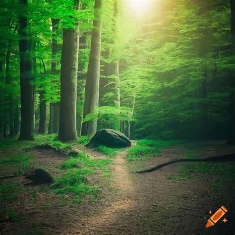 Curved Path Through A Green Forest With Sunbeam On Craiyon