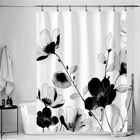 Black And White Floral Shower Curtain Ink Painting Style High Contrast