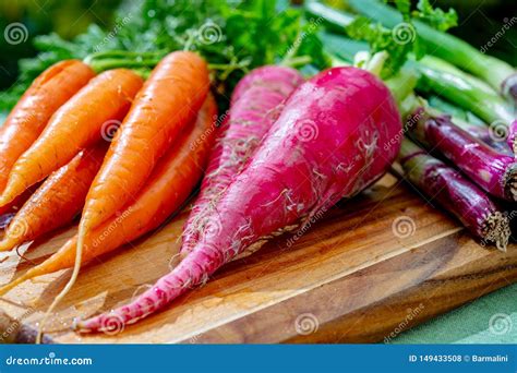 Manojos Del R Bano Largo Rojo Fresco De Las Zanahorias Y De La Cebolla