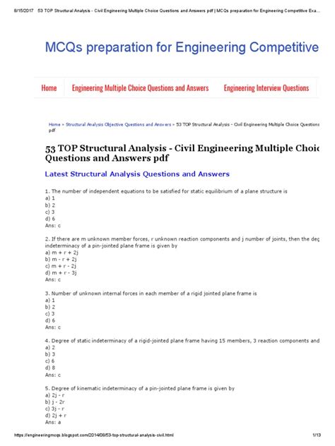 53 Top Structural Analysis Civil Engineering Multiple Choice