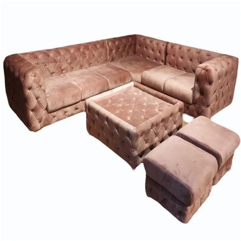 Wooden Velvet Seater L Shape Sofa Set With Lounger At Rs Set