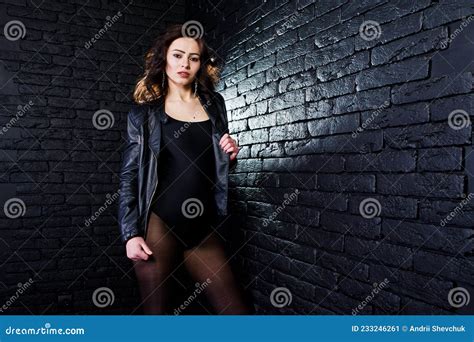 Studio Portrait Of Brunette Girl In Black Leather Jacket Stock Image Image Of Model Erotic
