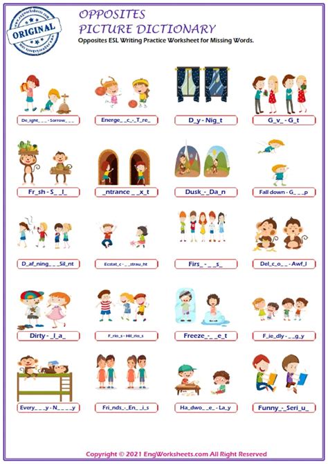 Opposites Printable English Esl Vocabulary Worksheets Engworksheets