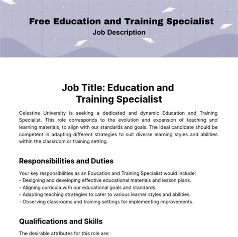 Free Education And Training Job Description Template Edit Online