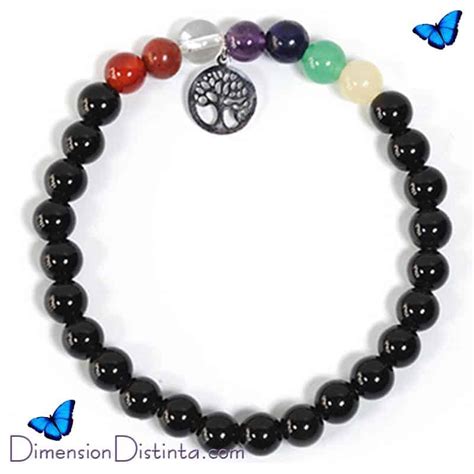 Comprar Pulsera Elastica Siete Chakras Y Obsidiana Con Dije Arbol De La