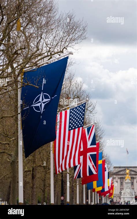 NATO 75th anniversary flags celebration in The Mall, London, UK. Flags ...