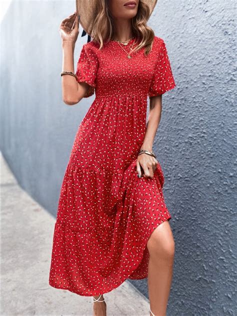 Ditsy Floral Ruffle Hem Shirred A Line Dress Shein Usa